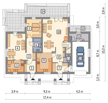 RZUT PARTERU: wersja podstawowa POW. 110,2 m²
